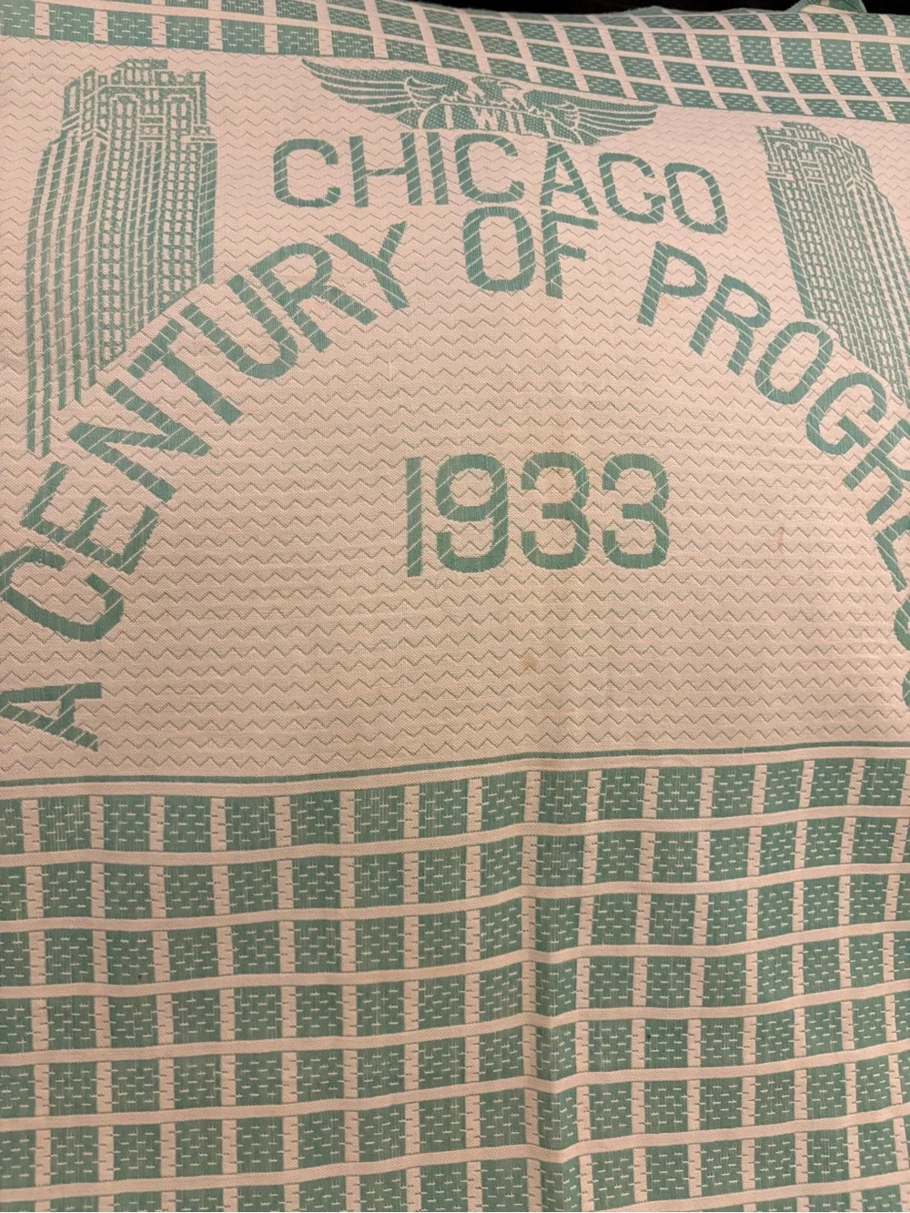 Vintage Chicago 1933 Authentic World’s Fair Jacquard Bedspread - Green & Cream